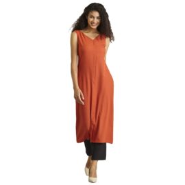FableStreet Women's Polyester V Neck Front Slit Midi Dress - Rust (DR111RUST)