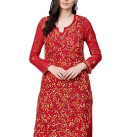Ada Hand Embroidered Lucknow Chikankari Georgette Kurta Kurti with Matching Slip for Women