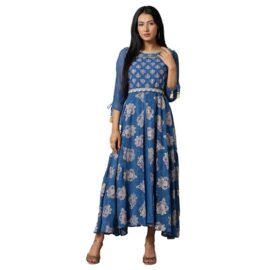 Aurelia Women's Polyester Blue Floral Printed Dress Midi
