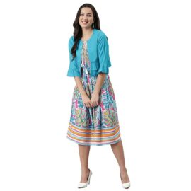 DEEBACO Women Floral Cotton Fit Product Highlights: and Flare Midi/Knee Length Cotton Dress for Women Floral Printed Summer One Piece Shrug A-Line Dresses with Jacket for Girls