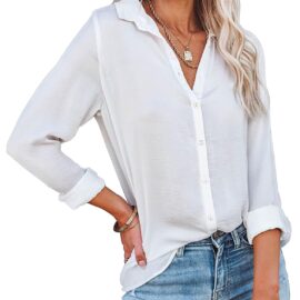 Diosun Womens Button Down V Neck Shirts Long/Short Sleeve Office Casual Business Plain Blouses Tops, White, Small