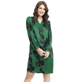 FableStreet Women's V-Neck Green Satin Floral Dress