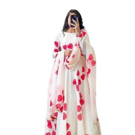 GA ENTERPRISE Women's Designer Anarkali Georgette Heart Print Maxi Kurti with Dupatta Moti Lace Elegant Dress for Any Occasion