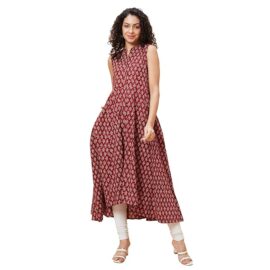 Globus Women Red Ethnic Motifs Print Mandarin Collar Sleeveless A-Line Kurta with Sequinned Highlight