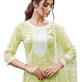 INDO ERA Women's Embroidered Pure Cotton Calf Length Straight Kurta Trouser with Dupatta Set