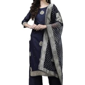 INDO ERA Women's Embroidered Viscose Straight Kurta With Pant & Dupatta Set