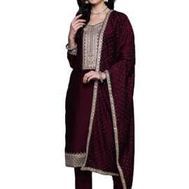 INDO ERA Women's Viscose Embroidered Straight Kurta With Palazzo Dupatta Set