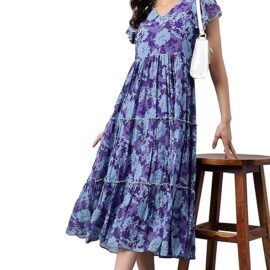Janasya Women's Blue Georgette Printed Flared Western Dress