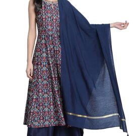 Janasya Women's Blue Poly Muslin Embroidered Kurta with Palazzo and Dupatta