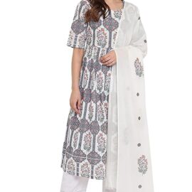 Janasya Women's White Cotton Flared Kurta With Palazzo And Dupatta