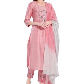 Madhuram Women and Girls Jacquard Chenderi Handwork Round Neck 3/4 Sleeves With Sequence Embroidery Print Dupatta Shaded And Pant Palazzo Kurti Set
