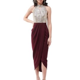Miss Chase Women's Wine Halter Neck Sleeveless Solid Embellished Midi Dress