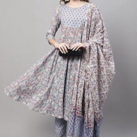 Monira Women's Pure Cambric Cotton Jaipuri Floral Printed Anarkali Kurta Set with Dupatta