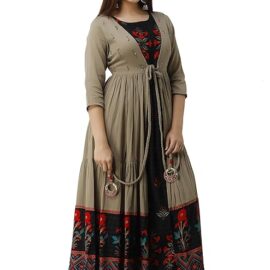 Nehamta Women's Cotton and Rayon Anarkali Printed 3/4 Sleeve Ankle Length Dress