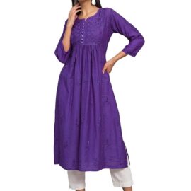 Paramount chikan Women Hand Embroidered Floral Chikankari Chanderi Cotton A-line Kurta