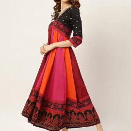 Rustorange Women's Viscose Long Kalidaar Dress with Border Details - (Multicoloured)