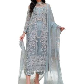 UdayArt women's net with shantoon silk grey color embroidery work semi stitched designer pakistani salwar suit