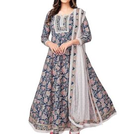 Vbuyz Women's Cotton Floral Print Embroidered Stitched Anarkali Blue Stylish Kurti/Kurta Set with Pant & Dupatta