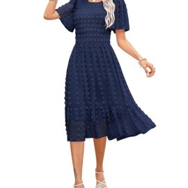 Women 2023 Summer Dress Round Neck Smocked Flutter Short Sleeve Swiss Dot Casual Midi Dress Swing Flowy Ruffle Beach Dress