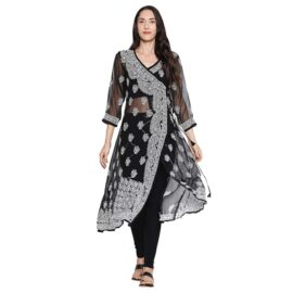 indiankala4u Lucknow Chikankari Hand Embroidered Angrakha Long Kurti for Women, Georgette