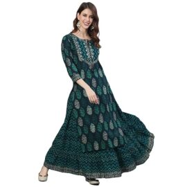 ishin Women's Cotton A-Line Embroidered Kurta suit set With Skirt