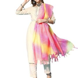 ishin Women's Cotton Cream Embroidered A-Line Kurta set With Trouser & Dupatta