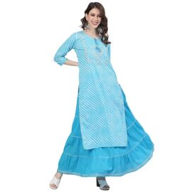 ishin Women's Pure Cotton Blue Embroidered & Sequinned Straight Kurta suit set with Skirt