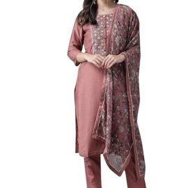 ishin Women's Silk Blend Mauve Embroidered & Sequinned A-Line Kurta suit set With Dupatta & Pant