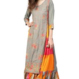 ishin Women's Viscose Rayon Anarkali Embroidered Thread Work Floral Print Grey & Pink Kurti