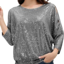 JASAMBAC Women's Tops | Sparkle Sequin Tops Shimmer Glitter Loose Cold Shoulder Party Tunic Batwing Dolman Dressy Tops