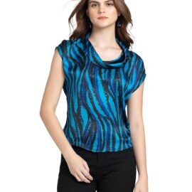 SHAYE Cowl Neck Black Printed Sleeveless Casual Tops for Women