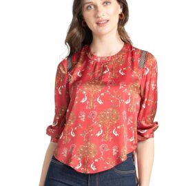 SHAYE Round Neck Red Printed Three-Quarter Sleeves Casual Top for Women