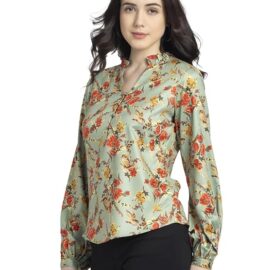 SHAYE V-Neck Tops for Women | Green Floral Print Long Sleeves Casual Top for Women