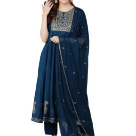 Vaamsi Women's Silk Blend Yoke Design Embroidered Anarkali Kurta Pant with Dupatta