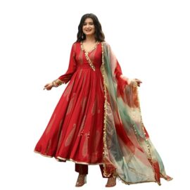 Women's Rayon Printed Anarkali Kurti with Printed Pant and leheriya Dupatta for Women & Girls
