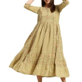 rangita Women 100% Cotton Green Yoke Embroidered Self Textured Calf Length Anarkali Kurti, 3XL