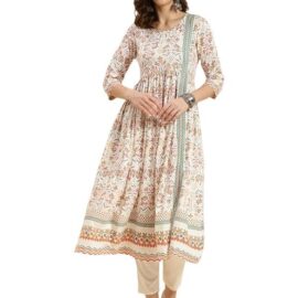 rangita Women Off White Rayon Printed Calf Length Front Slit Kurti