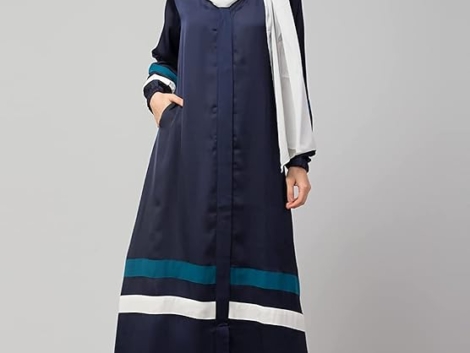 Musheco Front Open Abaya with Contrast Stripes for Women & Girls